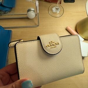Coach Cream Pebbled Leather Trifold Wallet with Gold Logo